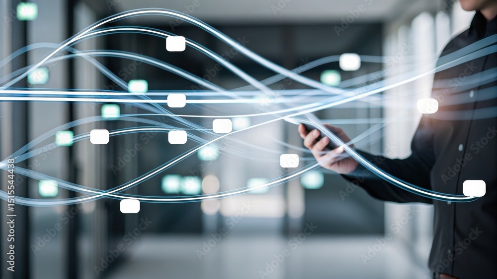 Poster a person uses a smartphone in a modern office, with digital network connections visualized as flowin