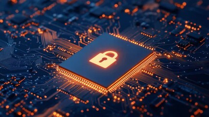 Digital security concept with glowing lock on microchip circuit, symbolizing data protection, cybersecurity, and electronic technology for advanced security systems and digital circuit boards - Powered by Adobe