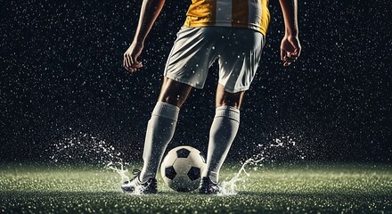 A soccer player in action on a wet, rainy field. 