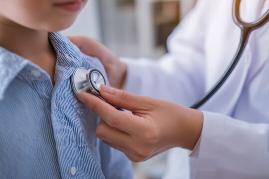 Young Boy Experiencing the Care of a Kind Doctor During a Check Up Using a Stethoscope Close Up