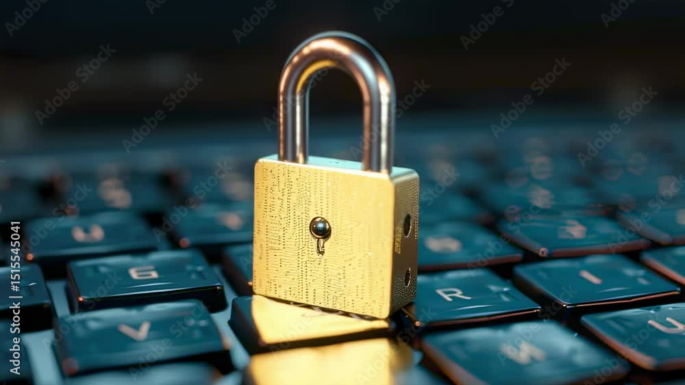 Poster golden padlock on a keyboard cybersecurity and data protection concept