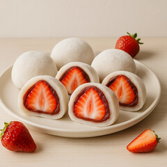Flatlay photo of strawberry-filled mochi. Some mochi are whole with a soft white powdered surface, while others are cut open to reveal the juicy fresh strawberry filling inside. 
