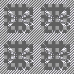 Contemporary Repeating Checkerboard Pattern Featuring Abstract Palm and Pine Accents