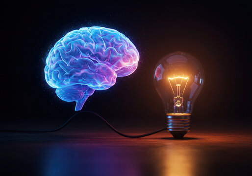 Brain power and light bulb concept for creative thinking and idea generation in ai and technology field