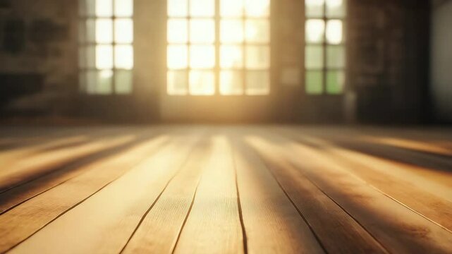 Warm sunlight streams through large windows, casting soft natural light on wooden floor planks in cozy empty room, creating bright and inviting interior with warm light and peaceful atmosphere