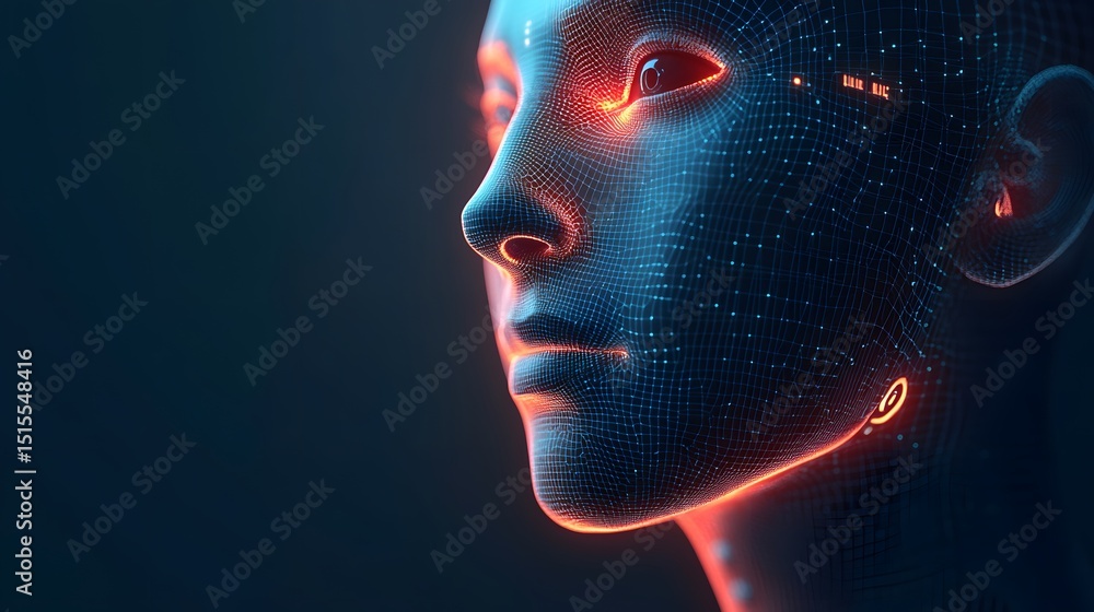 Aufkleber profile view of a digital face with glowing network lines.