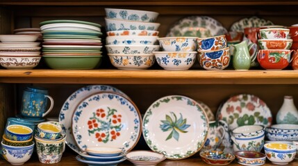 Charming vintage dishware collection displayed on a wooden shelf, showcasing diverse floral patterns