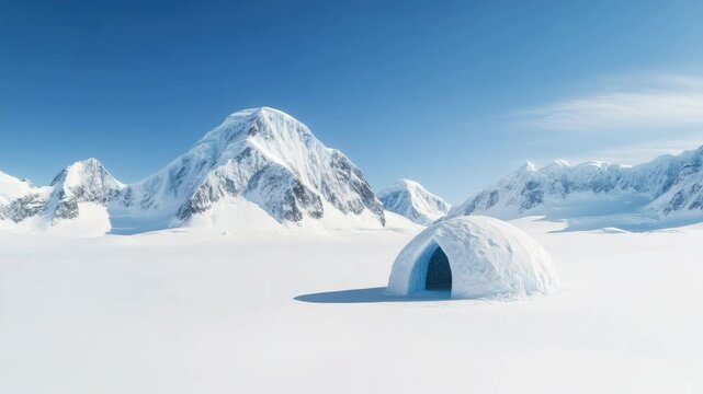 Snowy mountain landscape with white igloo under clear blue sky, peaceful winter scene with bright sunlight, cold snowfield and ice creating serene winter atmosphere