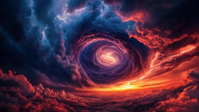 Storm cloud with lightning and swirling vortex in dramatic sky at sunset, creating powerful natural energy and movement with vibrant fiery colors and intense atmosphere
