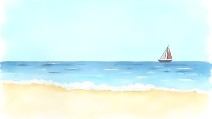 Watercolor Beach Scene with Sailboat

