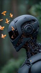 Dark Metallic Robot Gazing at Holographic Orange Birds in a Forest