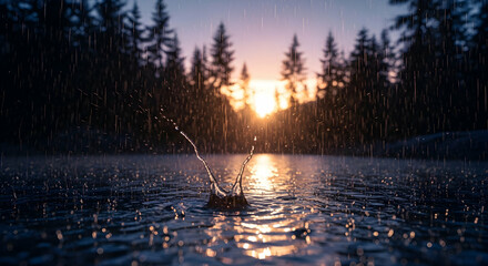 Peaceful Lake Reflection During A Rainfall At Sunrise In Forest
