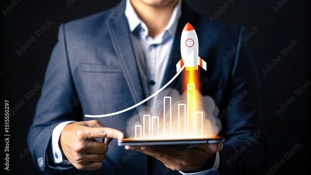Poster a businessman points to a tablet displaying a rising bar graph and a launching rocket, symbolizing b