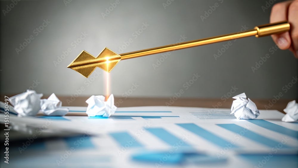 Poster a golden arrow points to a chart surrounded by crumpled paper balls, symbolizing precision and achie