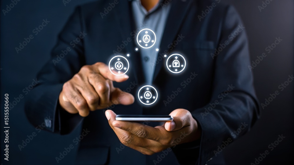 Poster a businessman interacts with a digital security interface on a smartphone, highlighting data protect