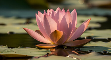 Graceful Pink Water Lily Blossom Bathed In Gentle Sunlight With Serene Pond