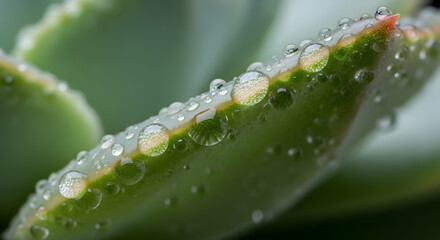 Succulent Beauty Captured: Dew Drops Reflecting Light on Green Leaves