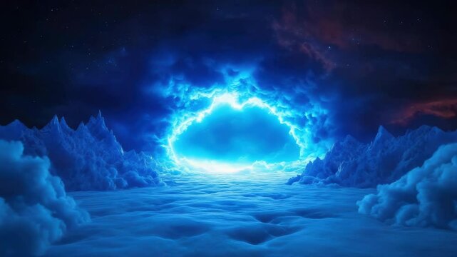 Surreal glowing blue cloudscape with jagged peaks and bright circular light in sky, creating mystical and otherworldly atmospheric night sky filled with vibrant light and peak clouds.
