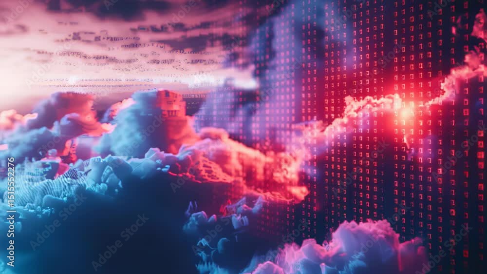 Poster surreal digital landscape with clouds and binary code, vibrant colors