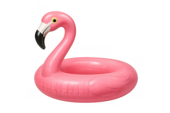 Pink flamingo inflatable float hovering over transparent background, representing summer leisure and poolside enjoyment