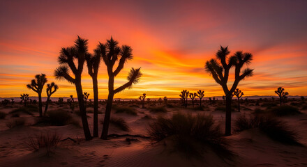 Joshua Trees Silhouetted Against a Vibrant Desert Sunset in California