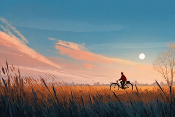Fototapeta premium Bicycle Ride Through Golden Fields at Sunset With Tranquil Countryside Landscape