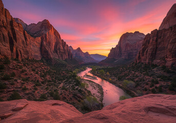 Beautiful zion national park landscape photography at sunset scenic view of virgin river utah usa travel destination