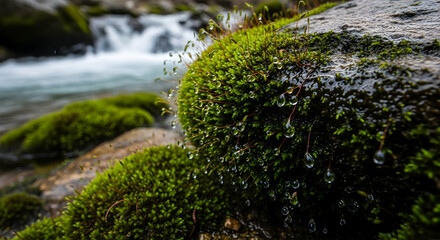 Mossy Rock With Sparkling Dewdrops Near Tranquil River In Natural Habitat