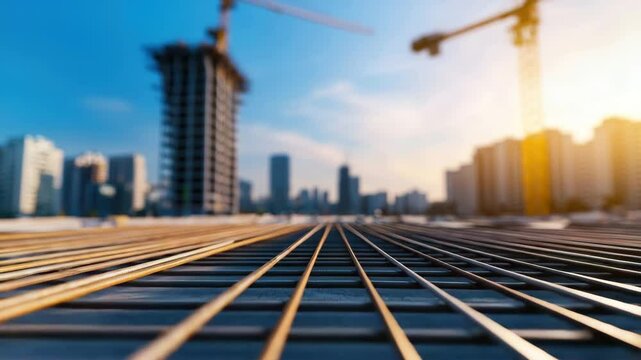 Close up of steel rebar on construction site with cranes and city skyline during sunset showing urban building progress and construction site development