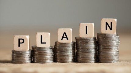 Stacks of Coins Arranged With Letter Dice Spelling out the Word Plain in a Minimalistic Setting
