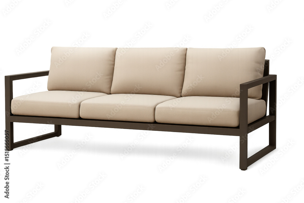 Poster white cushioned modern sofa positioned in studio setting, floating against transparent backdrop