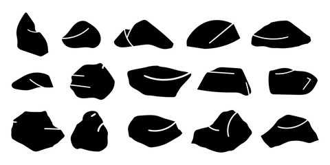 Vector icon symbols of stones and rocks in various shapes, illustrated in black and white silhouettes