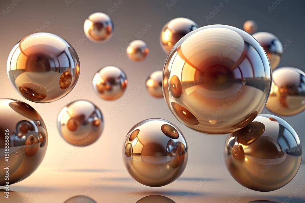 Wall mural golden spheres abstract background showcasing reflective spheres floating in soft ambient light evok