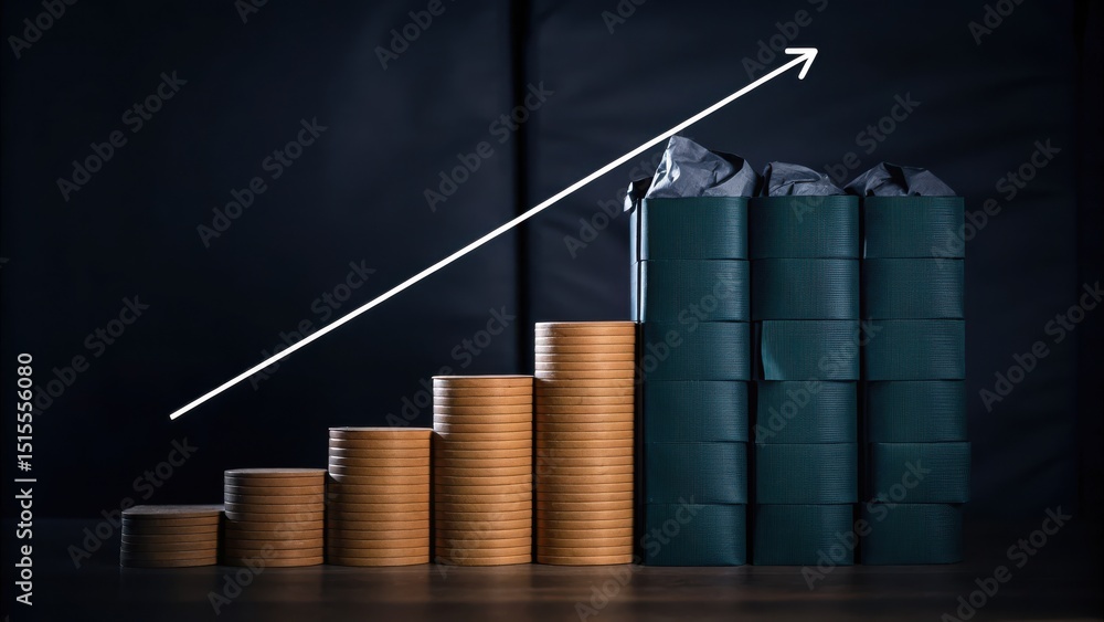 Poster stacks of coins and blocks with an upward arrow represent financial growth and increasing profits on
