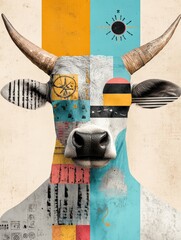 Taurus zodiac sign in creative abstract style, bold pop art bull with comic book ink lines, side view fantasy portrait with dark contrast and watercolor touch