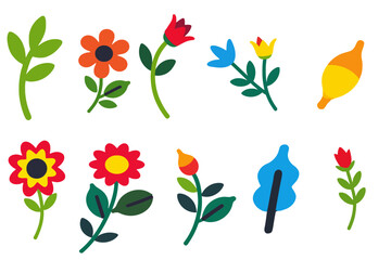 Colorful Floral Vector Illustration - Bright Flower Clipart for Spring and Summer Designs - Fun Botanical Graphic with Red, Yellow, Blue, Orange, and Pink Blooms