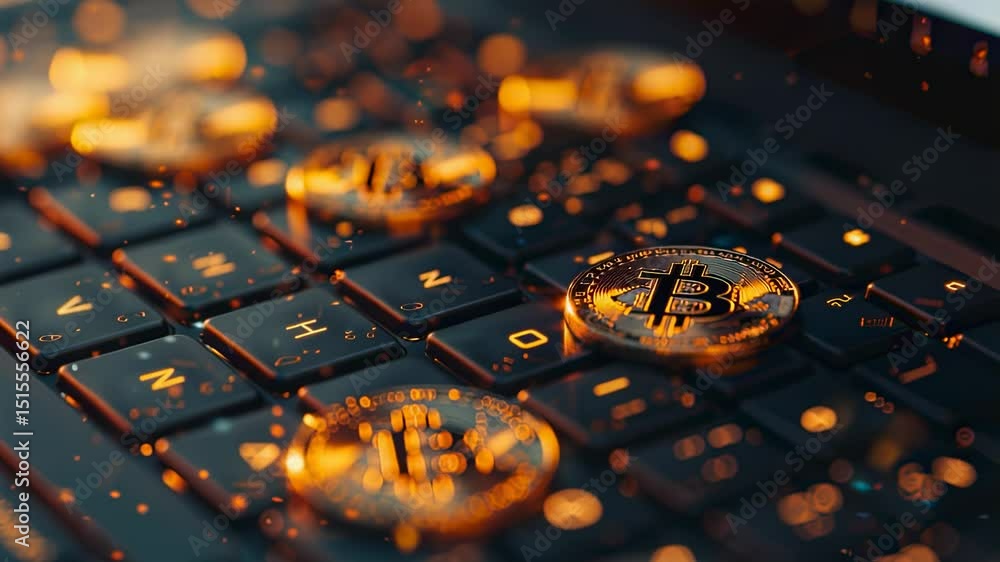 Poster close-up of bitcoin coins on a laptop keyboard with bokeh lights, symbolizing digital currency and t