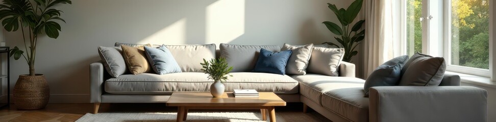 Bright living room, comfy grey couch, natural light, wooden table, window, interior, house