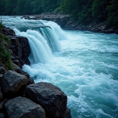 Turbulent river surges over rocks, steep banks , wilderness, rushing water, water