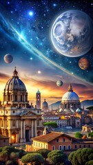 Ancient meets future in Rome with cyber structures orbiting planets star trails solar lights and a giant moon illuminating the city laralara for creating ads news