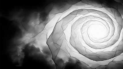Abstract spiritual artwork in black and white showing distorted chakra system vortex lines fragmented energy cracked surface textures smoky background ve
