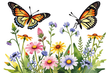 Naklejka premium Watercolor Butterflies and Wildflowers Illustration - Colorful Meadow with Butterflies and Assorted Flowers - Spring and Summer Theme Botanical Artwork