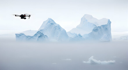 Drone Flies Over Glacial Iceberg Landscape In Remote Cold Environment