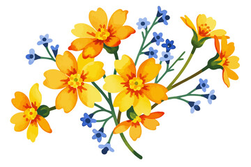 Watercolor Floral Illustration- Delicate Bouquet of Yellow and Orange Flowers with Small Blue Accents- Perfect for Spring or Summer Designs and Cards