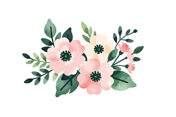 Watercolor Floral Illustration with Pink and Peach Flowers - Delicate Bouquet Clipart for Wedding Invitations and Spring Designs - Hand Painted Floral Arrangement with Green Leaves