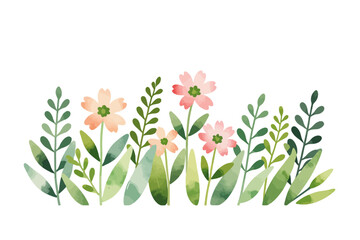 Watercolor Floral Illustration with Pink Flowers and Green Leaves - Hand Painted Botanical Design for Spring and Summer Projects - Delicate Floral Border for Greeting Cards and Invitations