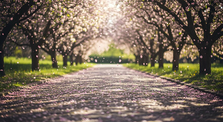Naklejka premium Enchanting Spring Blossom Canopy Pathway Amidst Nature's Beauty