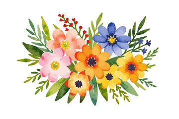 Watercolor Flower Bouquet Illustration - Colorful Floral Arrangement for Spring - Hand Painted Botanical Art with Pink Orange Yellow and Blue Flowers
