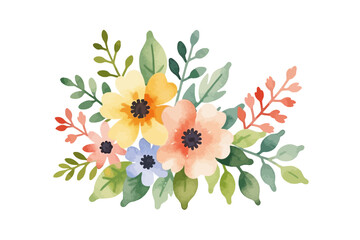 Watercolor Flower Bouquet Illustration - Delicate Floral Arrangement with Pastel Colors - Beautiful Spring Flowers and Green Leaves Design Element for Greetings and Invitations