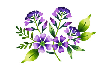 Watercolor Purple Flowers and Green Leaves Illustration- Delicate Floral Arrangement for Graphic Design- Springtime Botanical Clipart for Invitations and Crafts